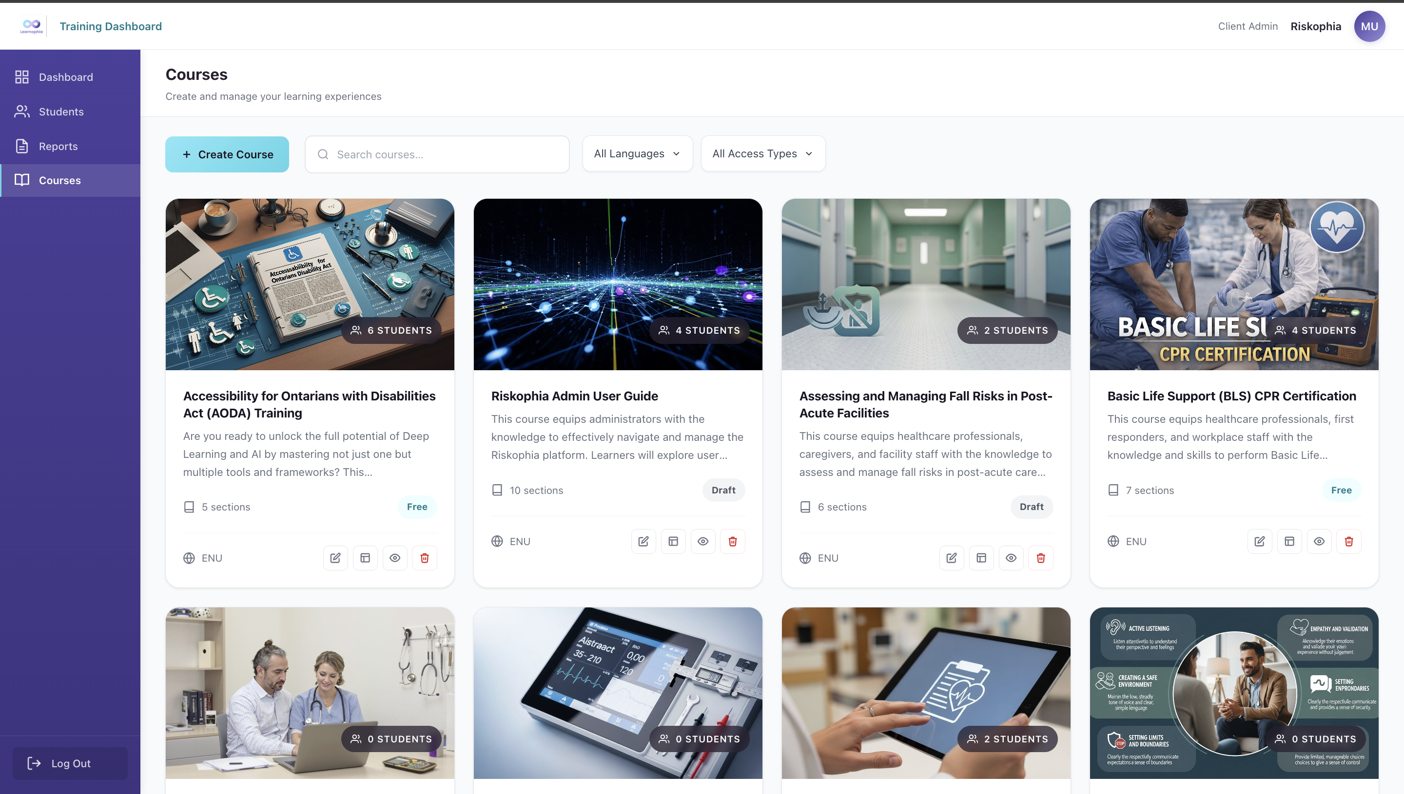 Training Dashboard – Riskophia