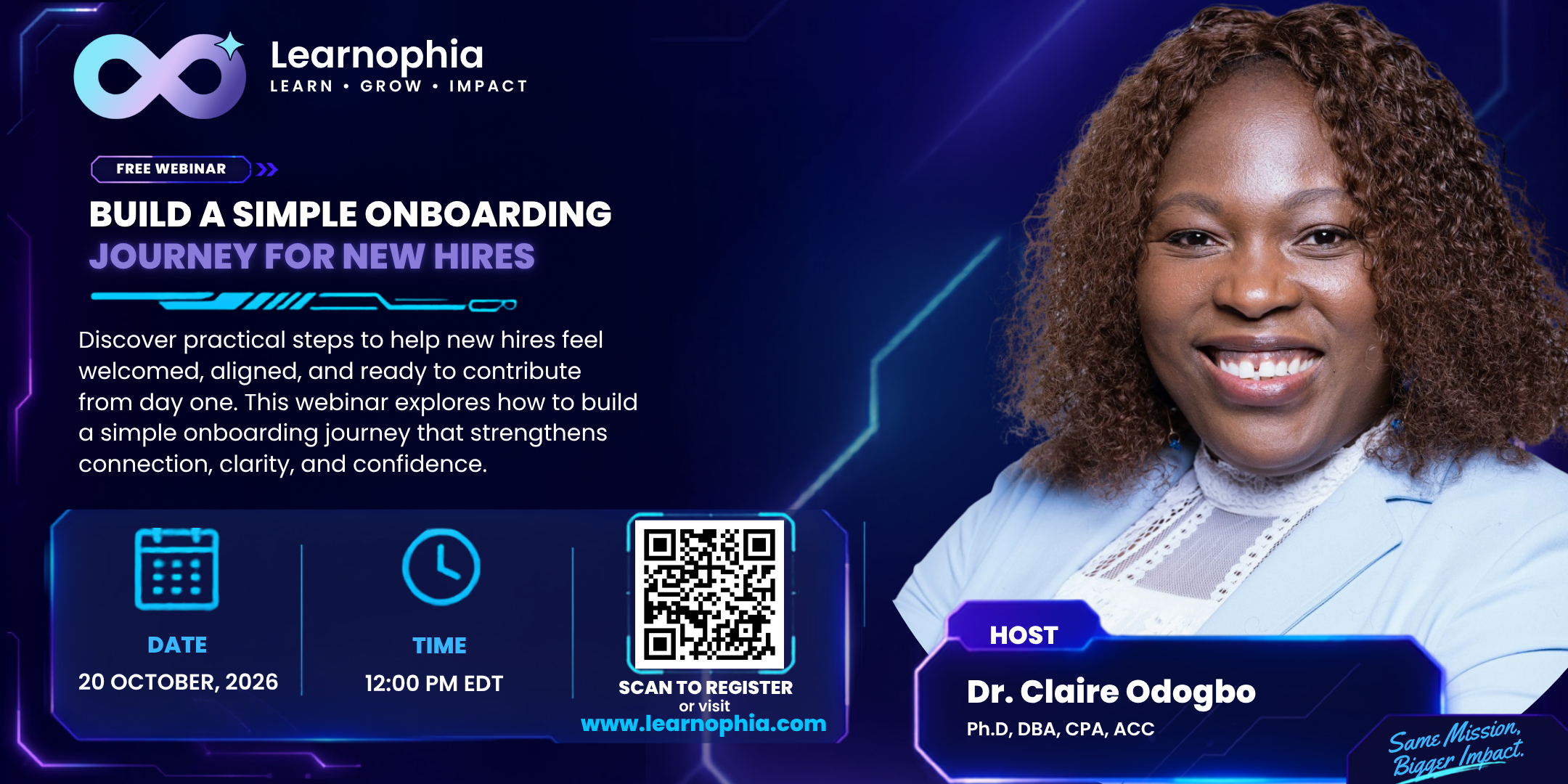 Build a Simple Onboarding Journey for New Hires - free Learnophia webinar, 20 October 2026 at 12:00 pm EDT, hosted by Dr. Claire Odogbo